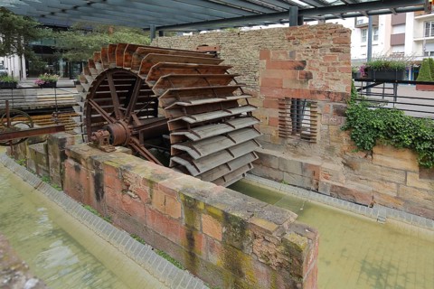 Historic water mill with water wheel, Haguenau, Hagenau, Bas-Rhin, Alsace, France