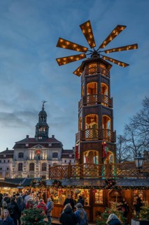 Large Christmas pyramid at the Christmas market on the market square, behind the historic town