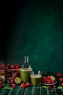 A refreshing green spinach juice in a glass bottle with a cup, surrounded by fresh strawberries,