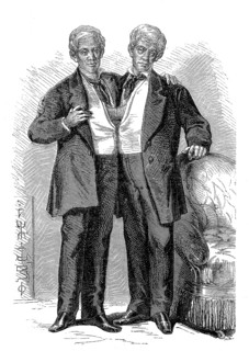 Chang and Eng Bunker, 11 May 1811, 17 January 1874, were conjoined twins who gave their name to