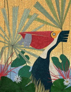 Mosaic art composition with pelican and fish. Vector background