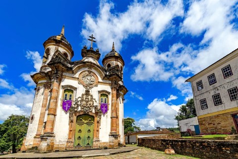 Historic Baroque cathedral seen from below in the city of Ouro Preto, Ouro Preto, Minas Gerais,