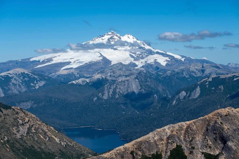 The summit of Cerro Tronador with its glaciers in the Nahuel Huapi National Park in the Andes,