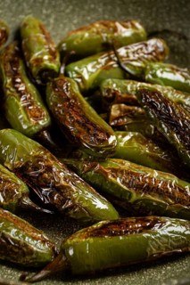 Fried padron pepper, in a frying pan, with olive oil, and sea salt, homemade, no people