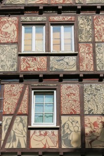 Half-timbered house, former restaurant Tübinger Tor, facade painting, window, Reutlingen,