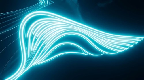 A vibrant illustration of glowing neon lines forming dynamic curves on a dark background. The
