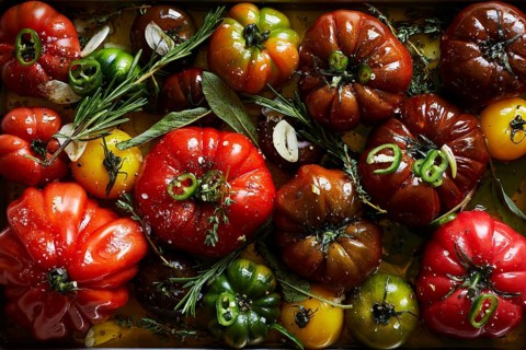 Top view of a variety of fresh tomatoes seasoned with herbs, spices, and olive oil, highlighting