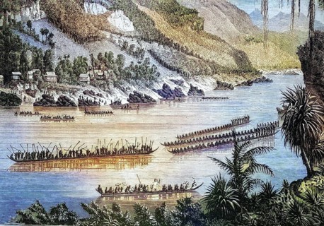 Boats on the Mekong, Cambodia, Coloured wood engraving, Reproduction from a model from ca 1888,