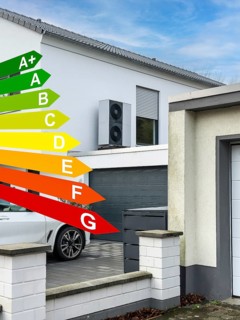 Energy efficiency classes, heat pumps on the garage roof of a detached house in Hilden, Germany
