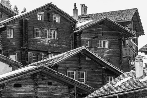 Old Farmhouses and Stadel Reservoir, black and white photo, historic town center, Grimentz, Val