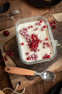 Top view of homemade vanilla ice cream garnished with frozen currants and fresh red gooseberries,