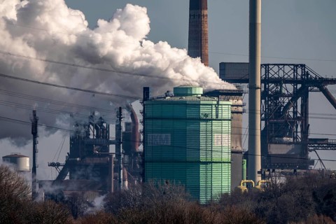 Backdrop of the HKM steelworks, Krupp-Mannesmann steel mill, blast furnaces, gasometer, coking