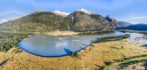 Aerial view over Rio Baker at the Rio Nadis mountain range south of Cochrane, Patagonia, Chile