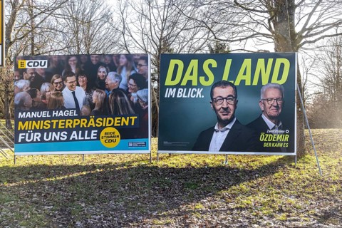 2026 state election in Baden-Württemberg. Election advertising in Fellbach near Stuttgart. Large