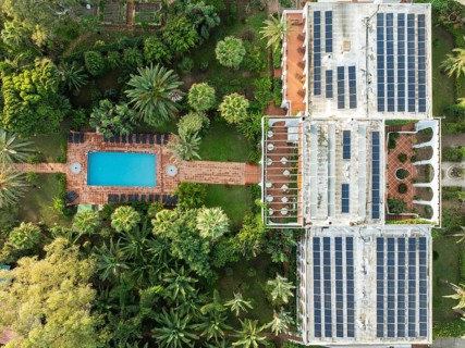 Vertical view of the Hurricane Hotel near Tarifa. Aerial view. Drone shot. Cádiz province,