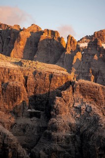 Detail, rocks and mountain peaks of the Brenta Mountains, evening mood with alpine glow, Brenta,