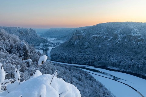 Winter Danube Valley, Werenwag Castle, snow, winter, dawn, Hausen i.T., Danube Valley, Upper Danube