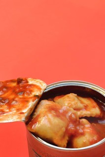 Tin ravioli, ready meal in open can
