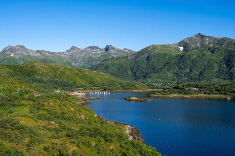 Small harbour on the Austnesfjorden fjord, idyllic Norwegian fjord landscape, Sildpollen, Nordland,