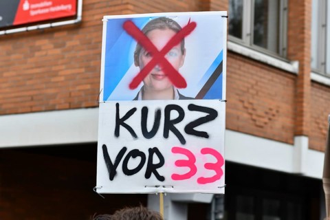 Heidelberg, Germany - February 12th 2025: Anti Afd politican Alice Weidel sign at protest against