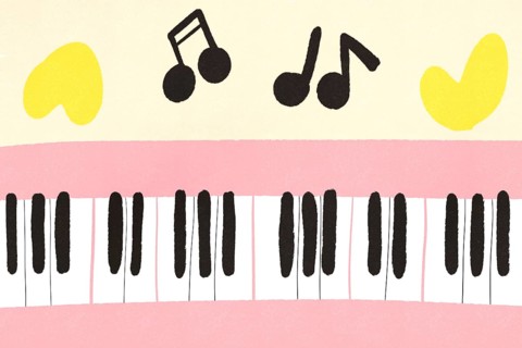 Charming illustration featuring a pink background, black and white piano keys, musical notes, and