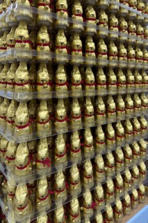 Retail display of chocolate Easter bunny Easter bunny Easter bunny brand Lindt with chocolate bell