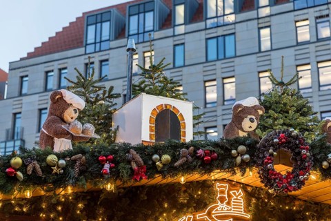 Detailed decoration on the stalls of the Striezelmarkt Christmas market, Dresden, Saxony, Germany