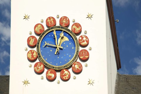 Astronomical clock with all astrological constellations, zodiac signs, twelve, 12, astrology, town