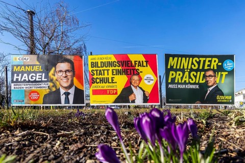 2026 state election in Baden-Württemberg. Election posters at a crossroads in Fellbach. Large