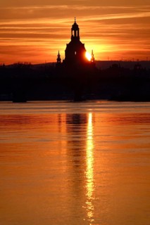 View of Church of Our Lady Dresden across the Elbe, sunset, winter, Saxony, Germany