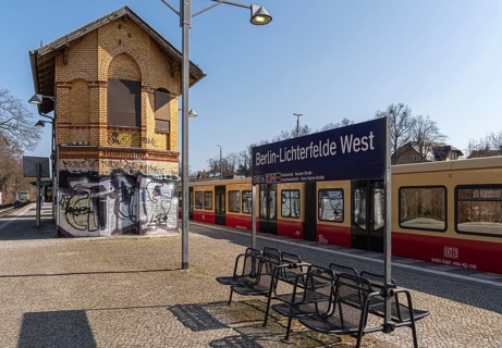 S-Bahn platform with historic structures at Lichterfelde West station, Berlin, Germany