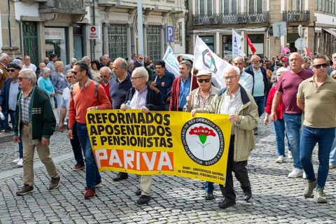Political rally and march for May Day in city of Guimaraes, Braga district, northern Portugal,