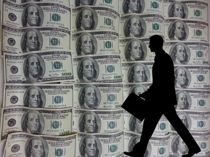 Symbolic image for stock market, Bitcoin, banker offers Bitcoin, bull and bear, rising and falling