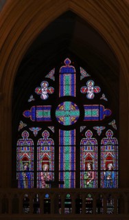 Interior view, stained glass window, coloured church windows, Cathédrale Notre-Dame de Bayeux,
