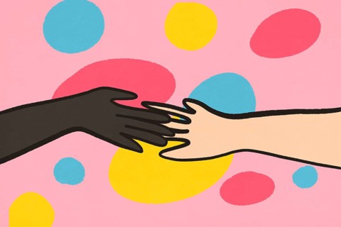 A vibrant illustration showing two hands reaching towards each other, symbolizing unity and