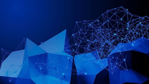 This composition features an intricate design of blue geometric shapes connected by glowing lines,