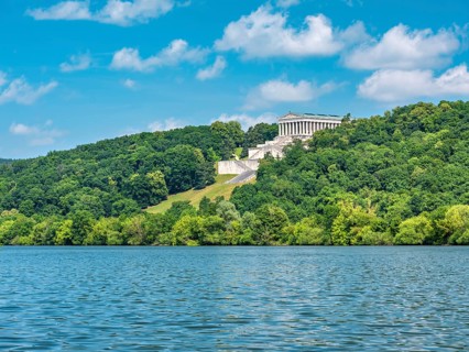 View across the Danube River to the Walhalla Memorial on the Bräuberg, Donaustauf, Upper