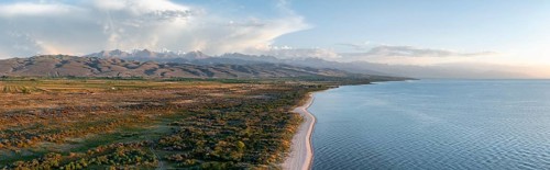 Aerial view, landscape at Lake Issyk Kul, Kyrgyzstan
