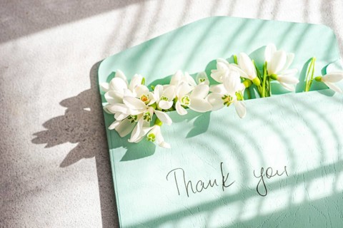 Spring snowdrops arranged on a pastel green card with Thank you handwritten elegantly. The soft