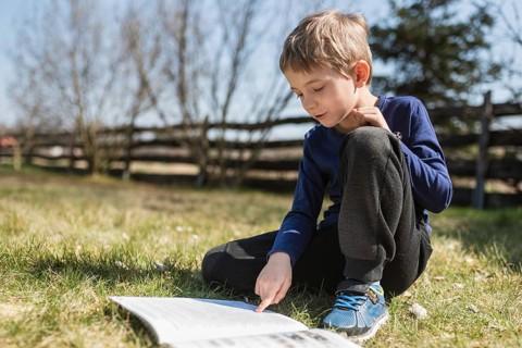 Little boy reading and learning in the garden bicouse school is closed due to Covid-19 pandemic in