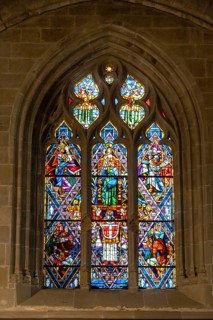 Colourful stained glass windows, Notre-Dame Cathedral, former episcopal church of the diocese of