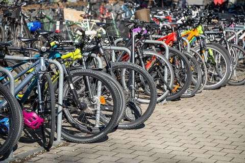 Parked bikes, lined up in front of a school, Constance, Konstanz district, Baden-Württemberg,