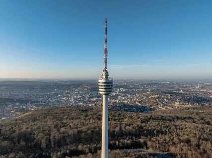 Aerial view of the 216.6 metre high Stuttgart television tower, observation tower, restaurant,