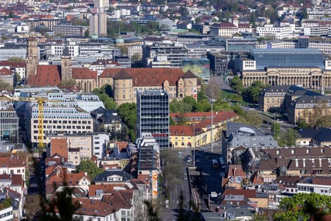 View of Stuttgart city centre. Charlottenplatz, Old Palace, New Palace, Königsbau, Collegiate