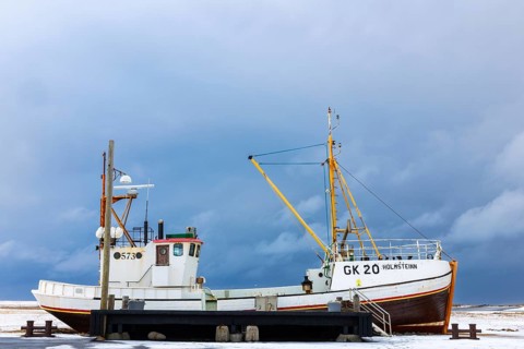Holmsteinn fishing trawler on land, snow, winter, Garður, Iceland, Scandinavia