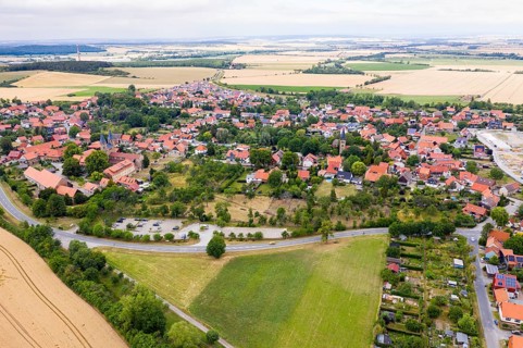 Aerial view of the village of Drübeck with monastery and St Bartholomew's Church, Ilsenburg, Harz,