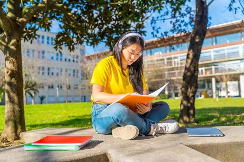 Serious chinese woman reading notes preparing an exam sitting outside the campus
