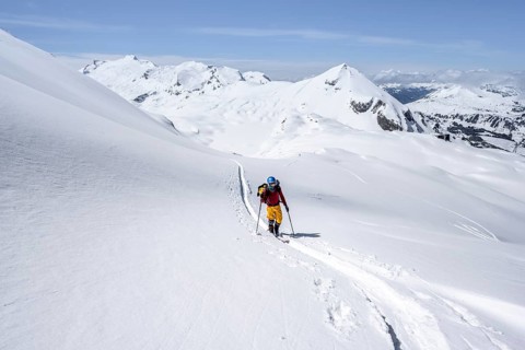 Ski tourer in mountain landscape with snow, behind summit Mittaghorn and Wildhorn, ascent to