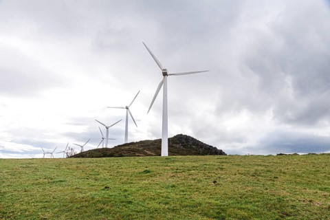 A row of windmills stands on a lush green hill beneath a cloudy sky, signifying renewable energy