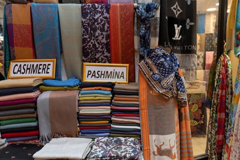 Istanbul, Turkey. June 23rd 2025. Pashmina, Cashmere and other fashion textiles for sale in the